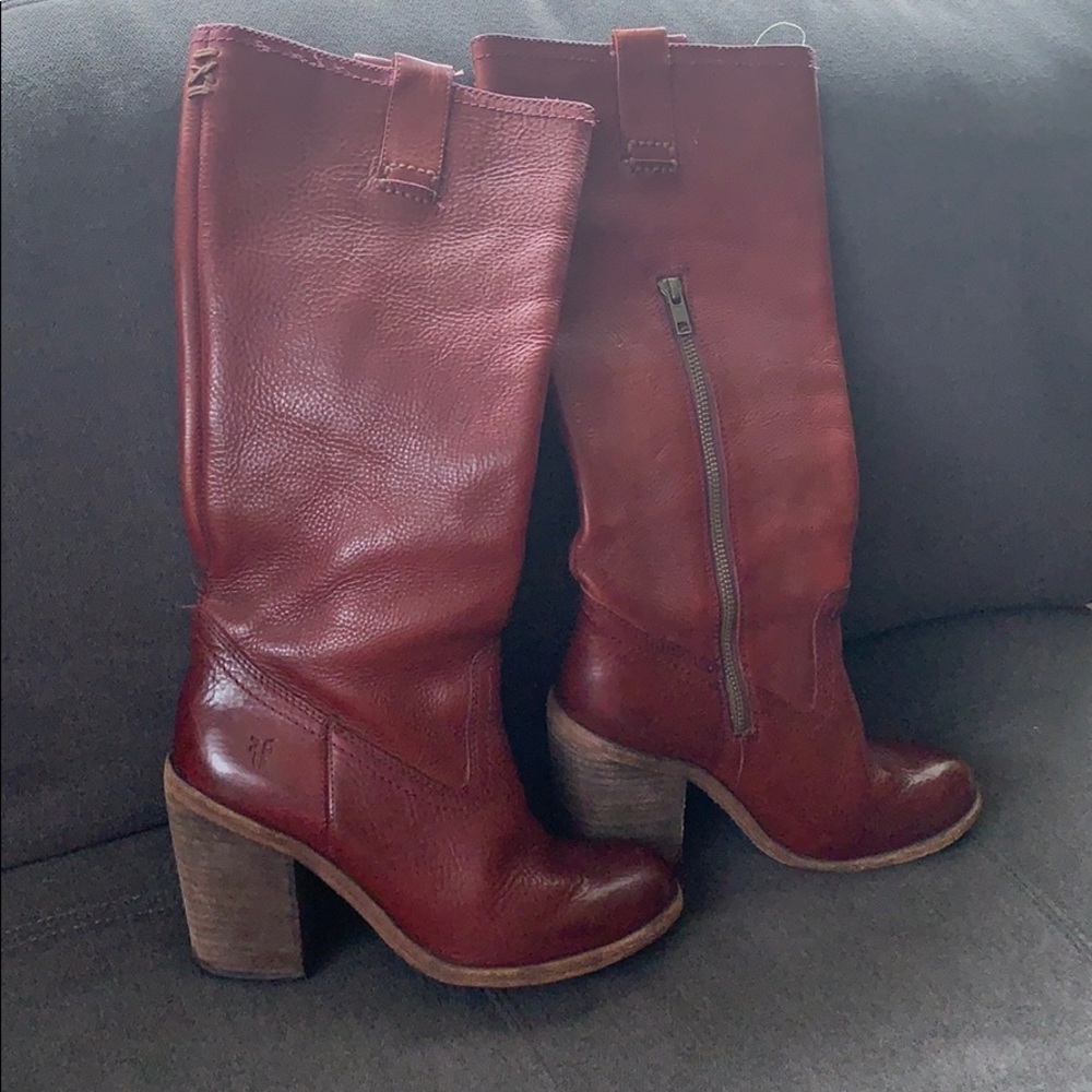 Frye tall oxblood heeled boots